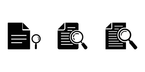 Document with magnifying glass icon in black silhouette, Set of research, report, search paper document icons. Data analysis icons. Document icons with magnifying glass in various style.