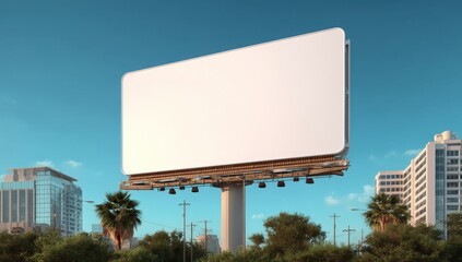 Fototapeta premium A modern cityscape with a large blank billboard above a building, surrounded by tall skyscrapers and clear blue sky.
