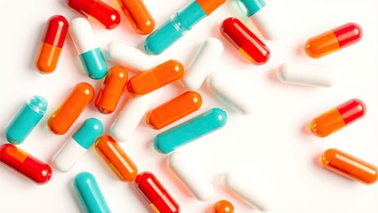 Scattered capsules in orange, red, white, and teal on a white background