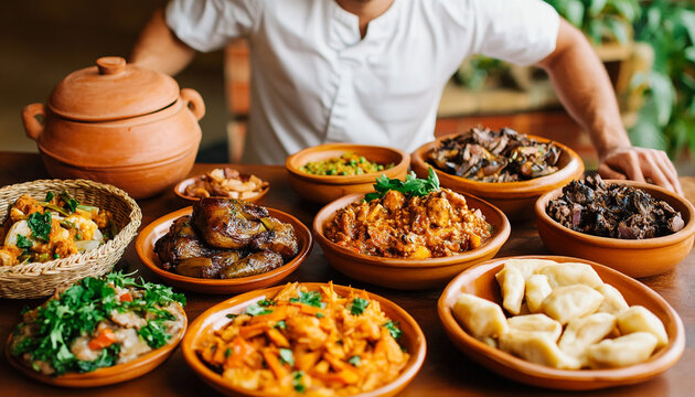 Delicious Homemade Food  Variety of Dishes  Rustic Table Setting  Clay Bowls  Healthy Eati