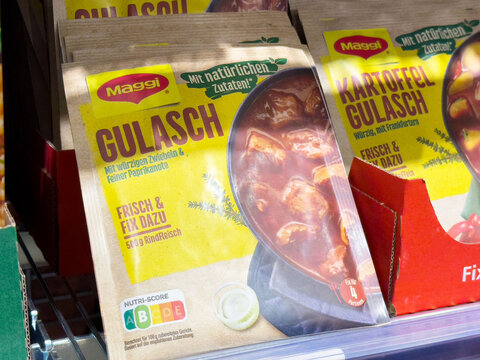 Maggi gulasch potato packaging display with nutri-score label in supermarket