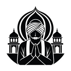 Sikh man praying in front of Golden Temple outline with Khanda symbol silhouette vector