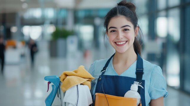 Smiling Cleaning Lady in Modern Building