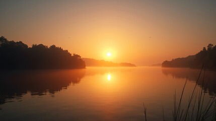 Obraz premium Golden Reflections: A Sunset Serenade on the Lake