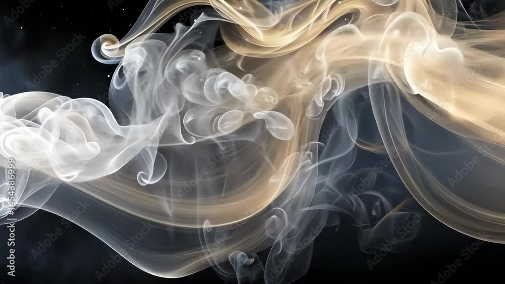 Poster golden smoke ribbons wafting through dark space with stars and a celestial sphere.