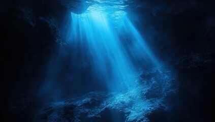 Underwater Cave: Beams of Light Illuminate Dark Depths