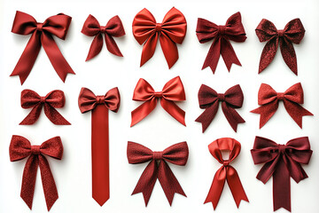 Set of red ribbon bows and ribbons for decoration, isolated on a white background. A collection with different shapes and styles, shown in a top view.