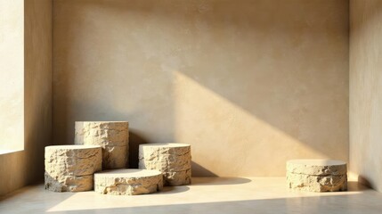 Sunlit Stone Pedestals in a Minimalist Room, Ideal for Product Display or Artistic Composition