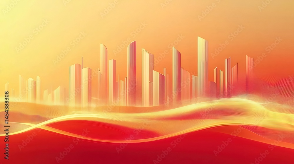 Poster オレンジ色の砂漠地帯にそびえ立つ抽象的な未来都市のシルエット 輝く太陽光と影 鮮やかな色彩表現