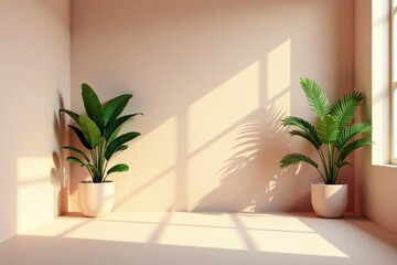 Serene Interior Room Corner Featuring Two Lush Potted Plants Basking in Warm Sunlight