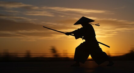 Samurai with Sword at Sunset