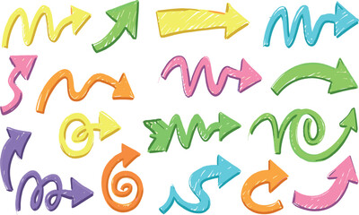 Brush arrow. Color hand drawn crayon thick arrows. Line vector icon. Pencil, marker, chalk, pastel or crayon texture scribble. Up and down bold shape. Thick circle rough bg. 