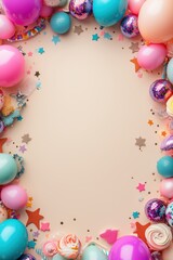 Pastel birthday frame with candy, balloons and star-shaped festive confetti