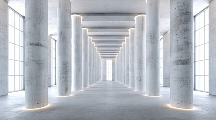 Modern concrete hall with towering columns and luminous windows, embodying architectural minimalism and serene grandeur.
