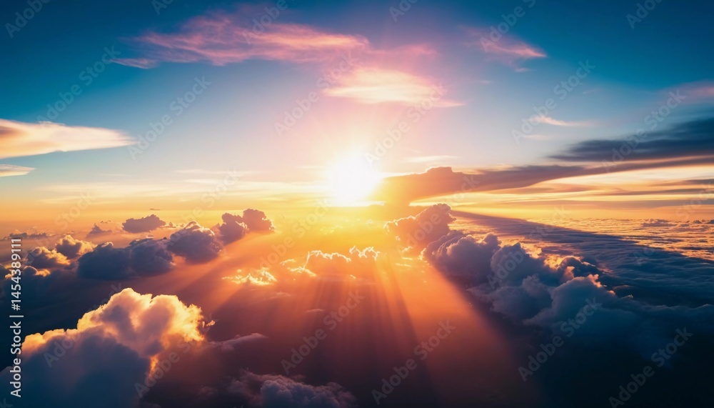 Poster As dawn breaks, brilliant rays of sunlight cascade through fluffy clouds, illuminating the sky with rich oranges and soft golds, creating a breathtaking moment of tranquility Generative AI