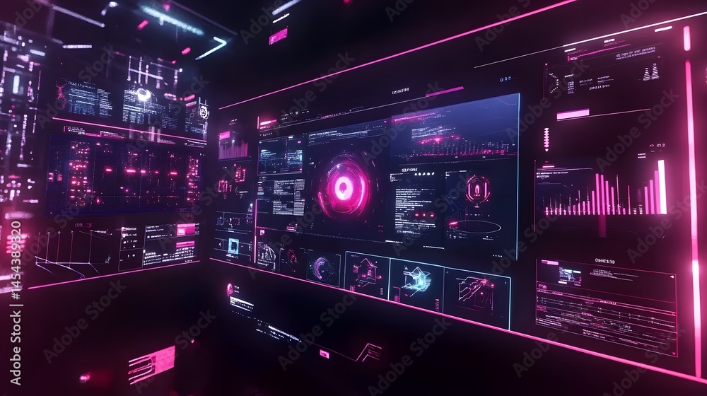 Poster futuristic digital displays showing multiple interactive interface elements.