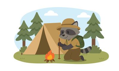 Happy Raccoon Camper at Forest Campfire
