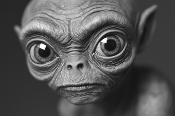 Hyper-realistic alien creature with big eyes in dramatic black and white lighting
