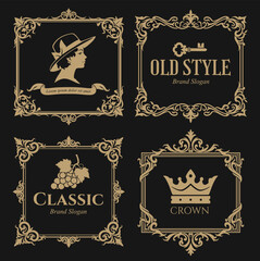 Four golden classic style frames with lettering, floral ornament and logos on the dark background.