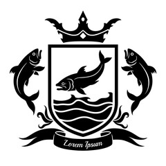 Flat silhouette style coat of arms with three fishes on the white background. Vector illustration. Can be use as seafood themes. 