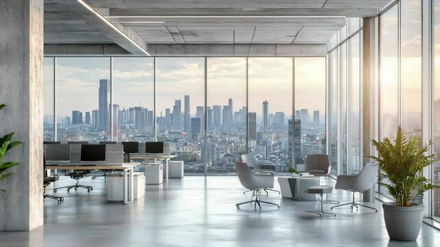Large open office space with a view of the city. The room is filled with potted plants and has a modern design