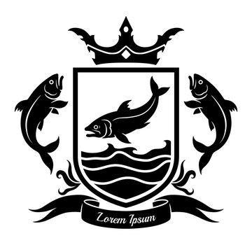 Flat silhouette style coat of arms with three fishes on the white background. Vector illustration. Can be use as seafood themes. 