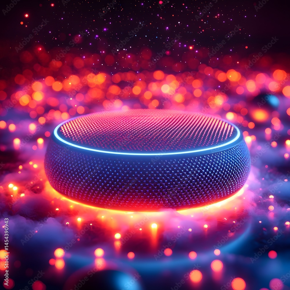 Canvas Prints neon speaker surrounded by glowing spheres and pulsing waves of light