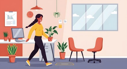 Smiling Woman Walking in Bright Office with Plants: Healthy Workplace, Indoor Environment, Productivity, Wellbeing, Workspace, Interior, Business, Relaxed Atmosphere