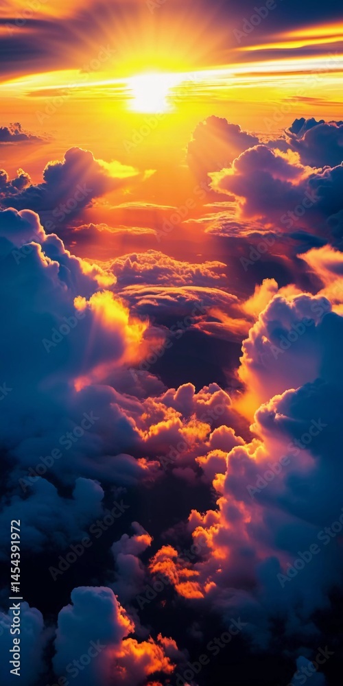 Poster golden sunlight pierces through majestic clouds during sunset, creating a breathtaking display of wa