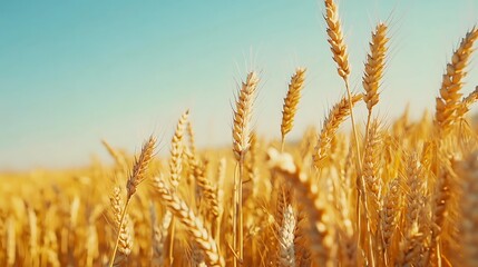 Fototapeta premium Golden wheat field with a clear sky and space for text