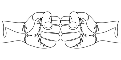 Continuous one line drawing of bro fist bump or pound lineart hands. Concept of brother giving a punch, Man and woman`s clenched fists bump. Continuous one line illustrated fist bump, hitting, attack.