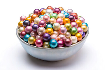 colorful Pearls in a bowl on solid white background