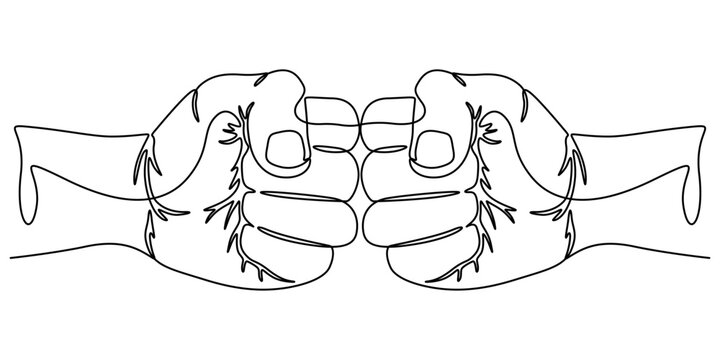 Continuous one line drawing of bro fist bump or pound lineart hands. Concept of brother giving a punch, Man and woman`s clenched fists bump. Continuous one line illustrated fist bump, hitting, attack.