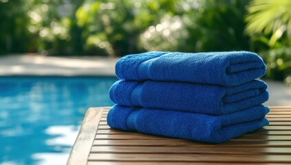 Relaxing Poolside: Stack of Blue Towels by the Pool