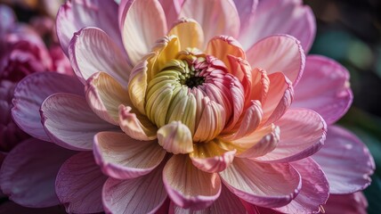 Dahlia in pastel gradient bloom with soft curled petals and green center