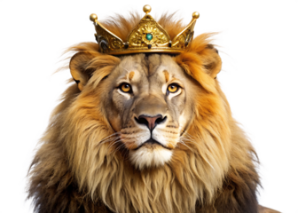  a majestic lion wearing a royal crown isolated on white background PNG , AI GENERATED