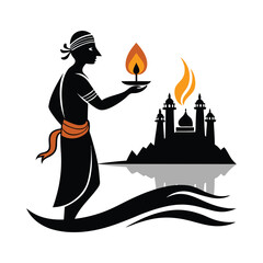 Hindu priest silhouette performing aarti by river with temple and flame details vector art  