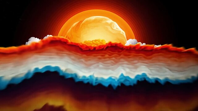 Celestial Sunset: Witness the sublime beauty of a cosmic sunset, where vibrant hues of orange and blue merge in a celestial dance, above a dreamlike cloudscape.