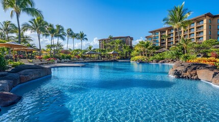 Fototapeta premium Serene tropical resort oasis with sparkling pool and swaying palm trees