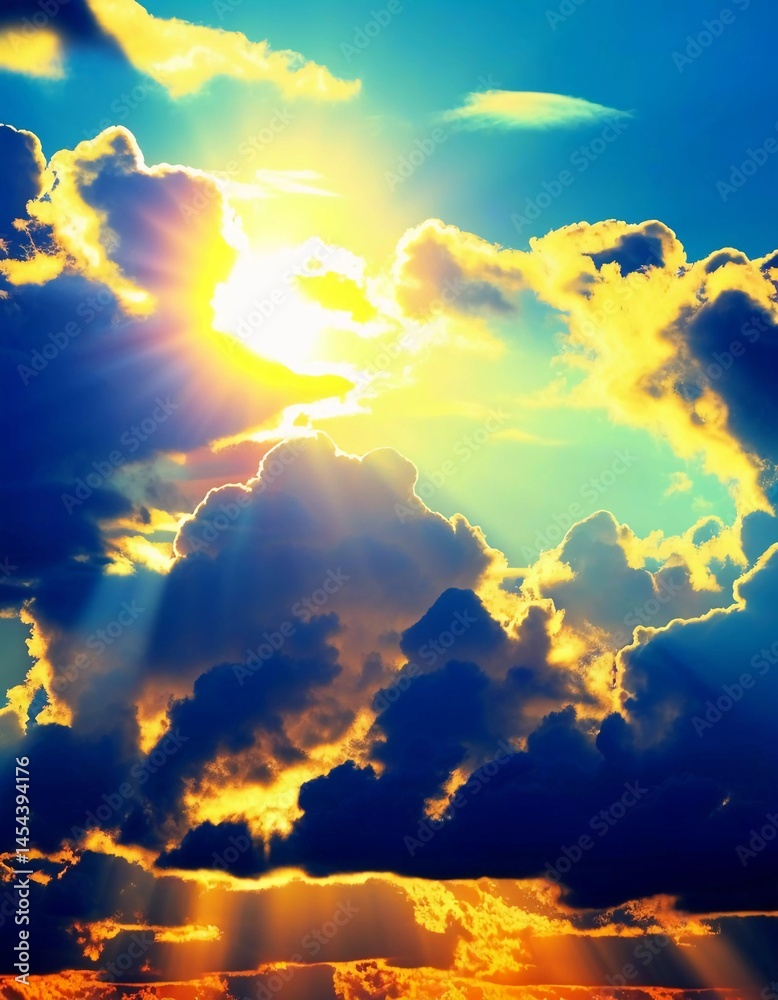 Poster As the sun dips below the horizon, brilliant rays of light cut through fluffy clouds, creating a spectacular display of colors in the sky Generative AI