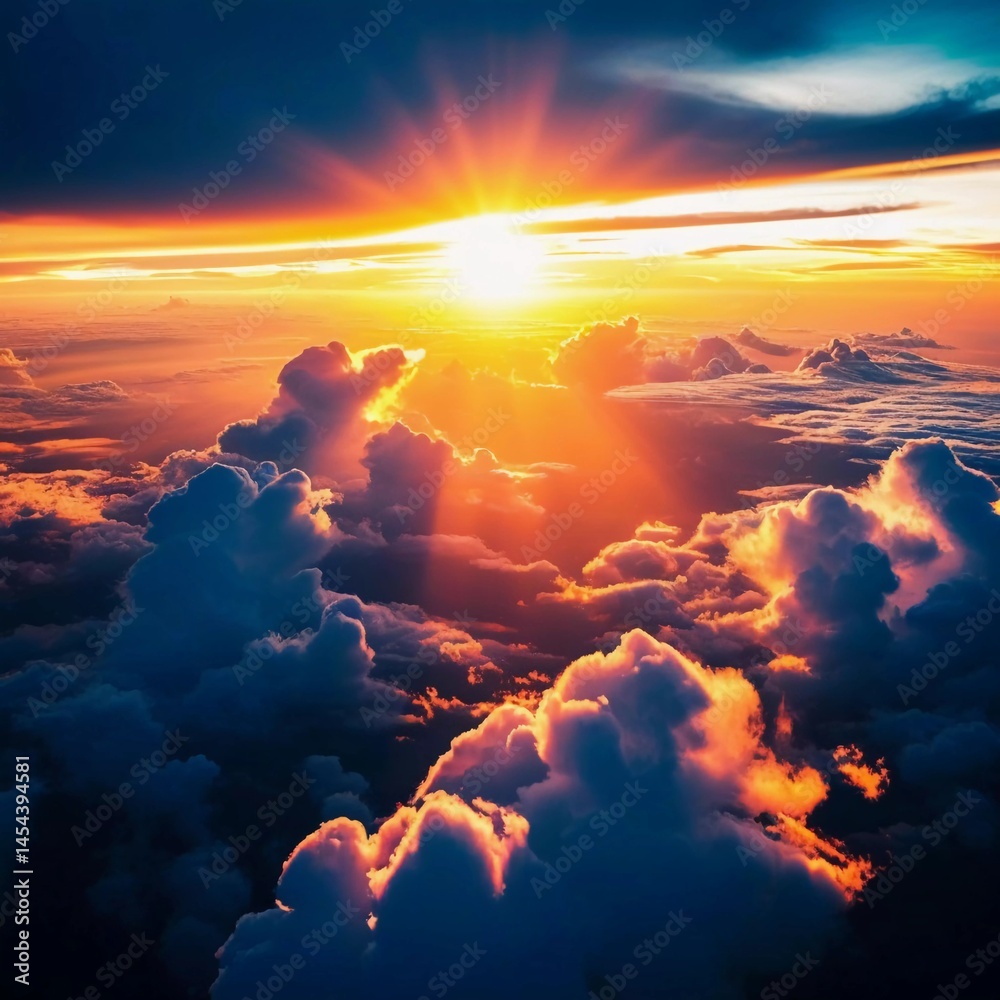 Poster the vibrant sun rises above the clouds, casting warm rays that illuminate the sky with hues of orang