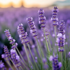 Fototapeta premium Close up of lavender flowers in a field during the day with a blurred background and golden light