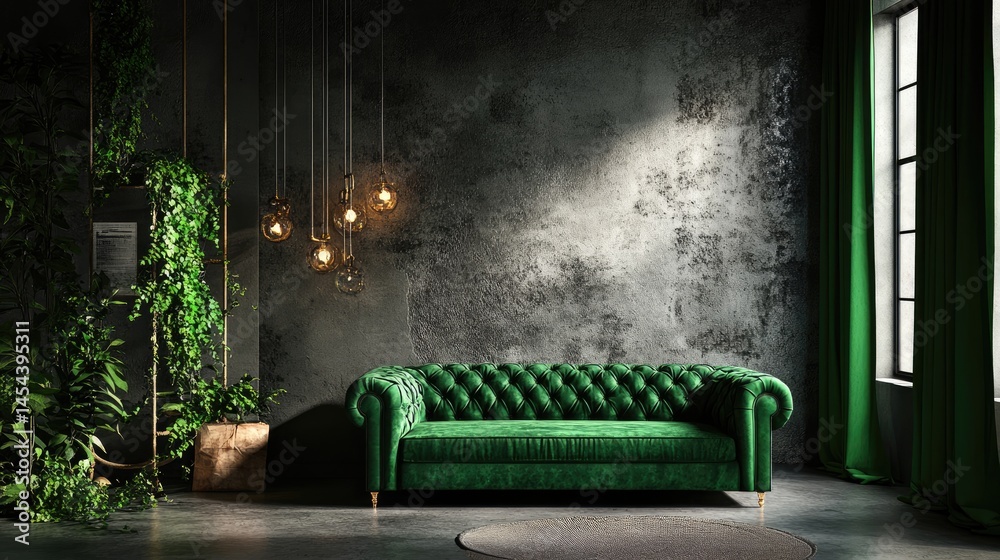 Poster luxurious green tufted sofa against a moody backdrop of matching drapery and concrete-textured wall