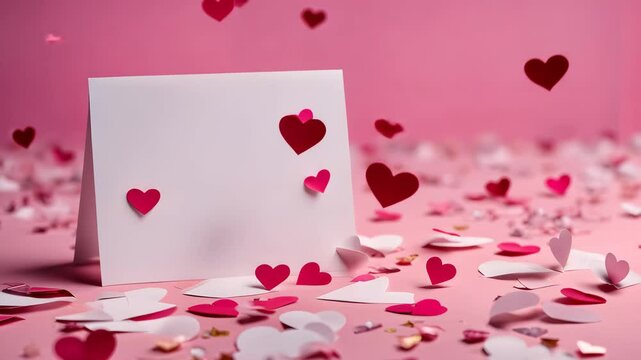 Red paper envelope with blank white note mockup inside and Valentines hearts on pink background. Flat lay, top view. Romantic love letter for Valentine's day concept.