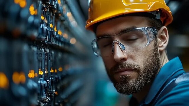 Focused engineer in a server room