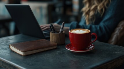 Cozy Cafe: A Woman Working on Laptop with Latte