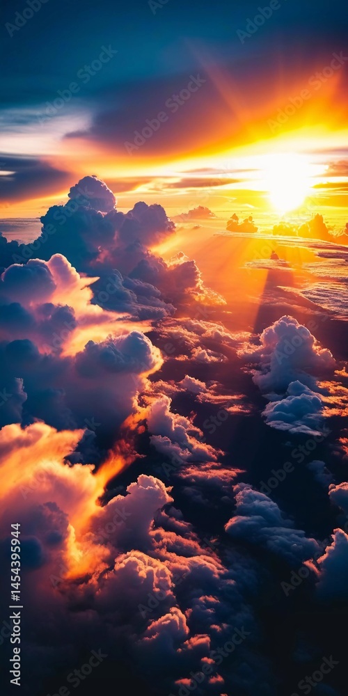 Aufkleber Radiant light spills from the sun as it sinks behind distant clouds, creating a stunning tapestry of colors in the sky. This moment captures nature's artistry at twilight Generative AI