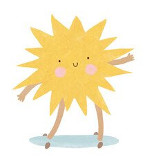 Cute Smiling Sun Riding A Skateboard. Childish Drawing-like Vector Illustration Of Happy Sun Skateboarding. Nursery Art With Little Kawaii Sun On A White Background. Kids Room Decoration. 