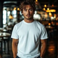 Fototapeta premium Man in white shirt with restaurant.
