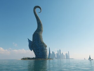 A futuristic architectural marvel in the form of a spiraling structure with fin-like extensions on a small island oasis.